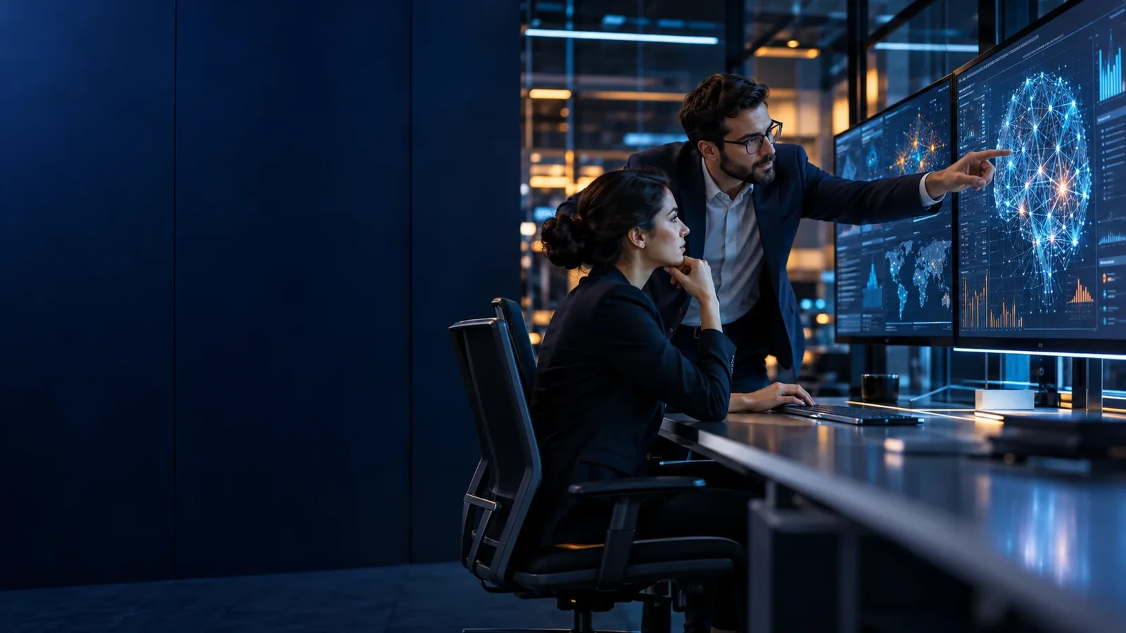 AI specialists reviewing connected model and enterprise data visualizations.