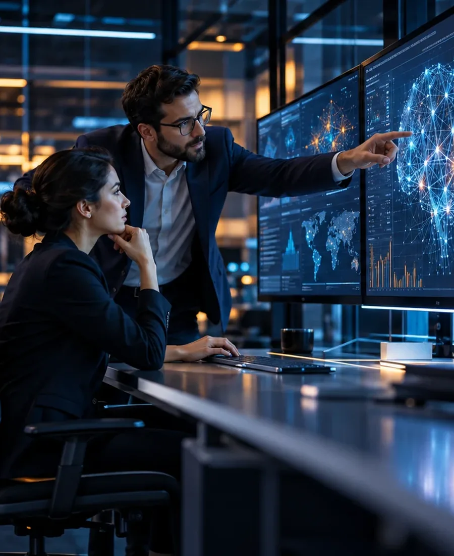 AI specialists reviewing connected model and enterprise data visualizations.