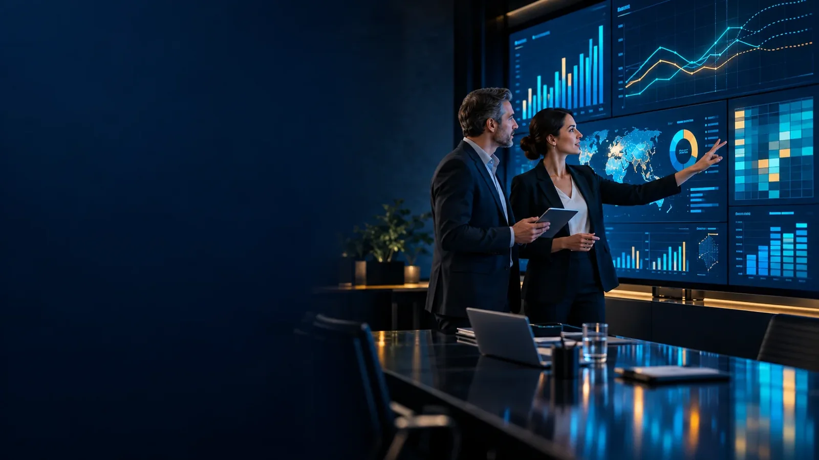 Business analysts reviewing reporting dashboards and analytics on large displays.