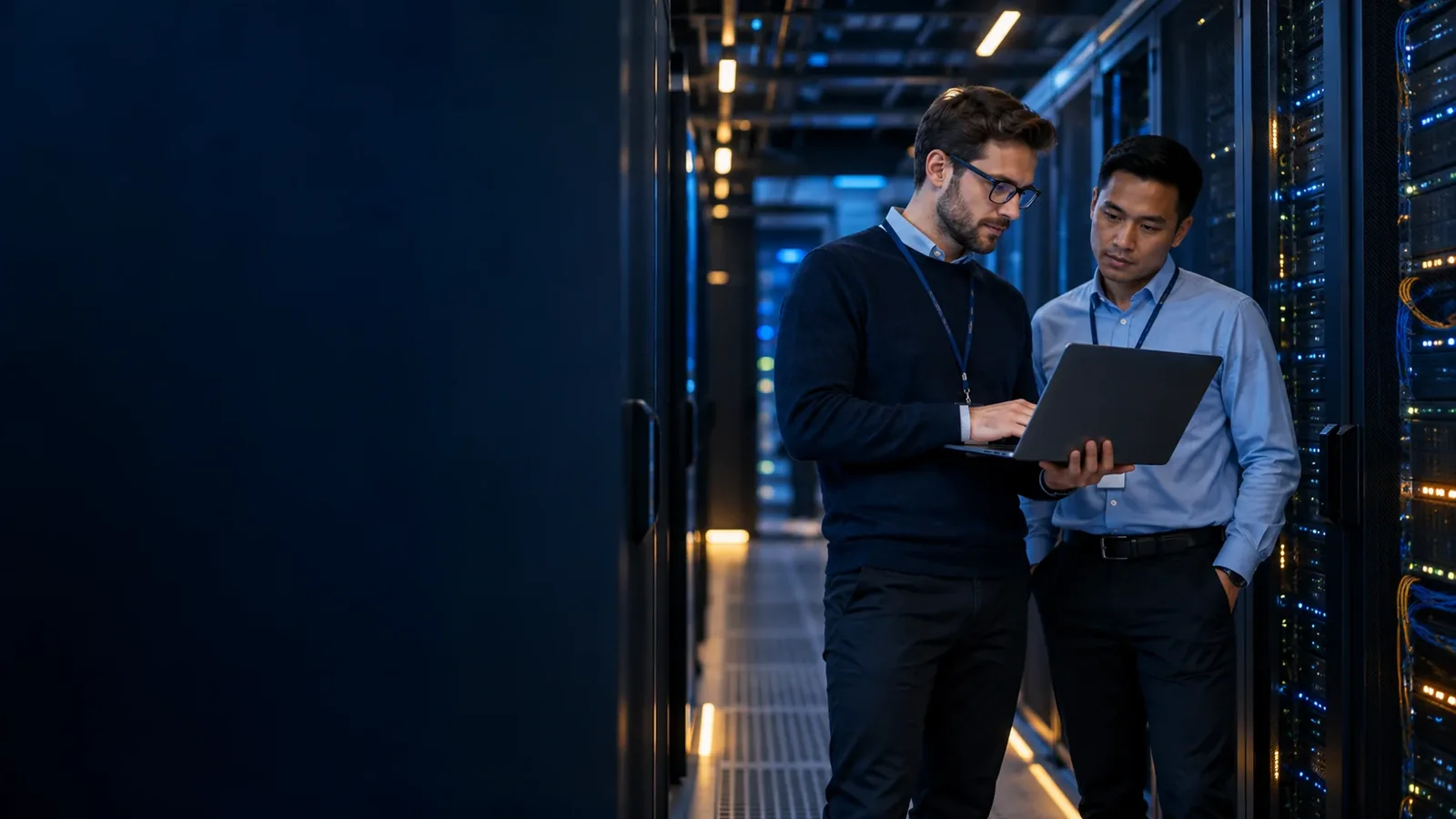 Cloud infrastructure engineers working beside modern data center server racks.