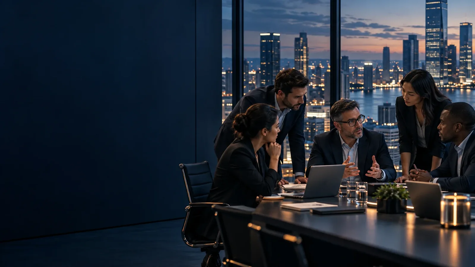 Enterprise technology colleagues discussing architecture in a modern consulting workspace.