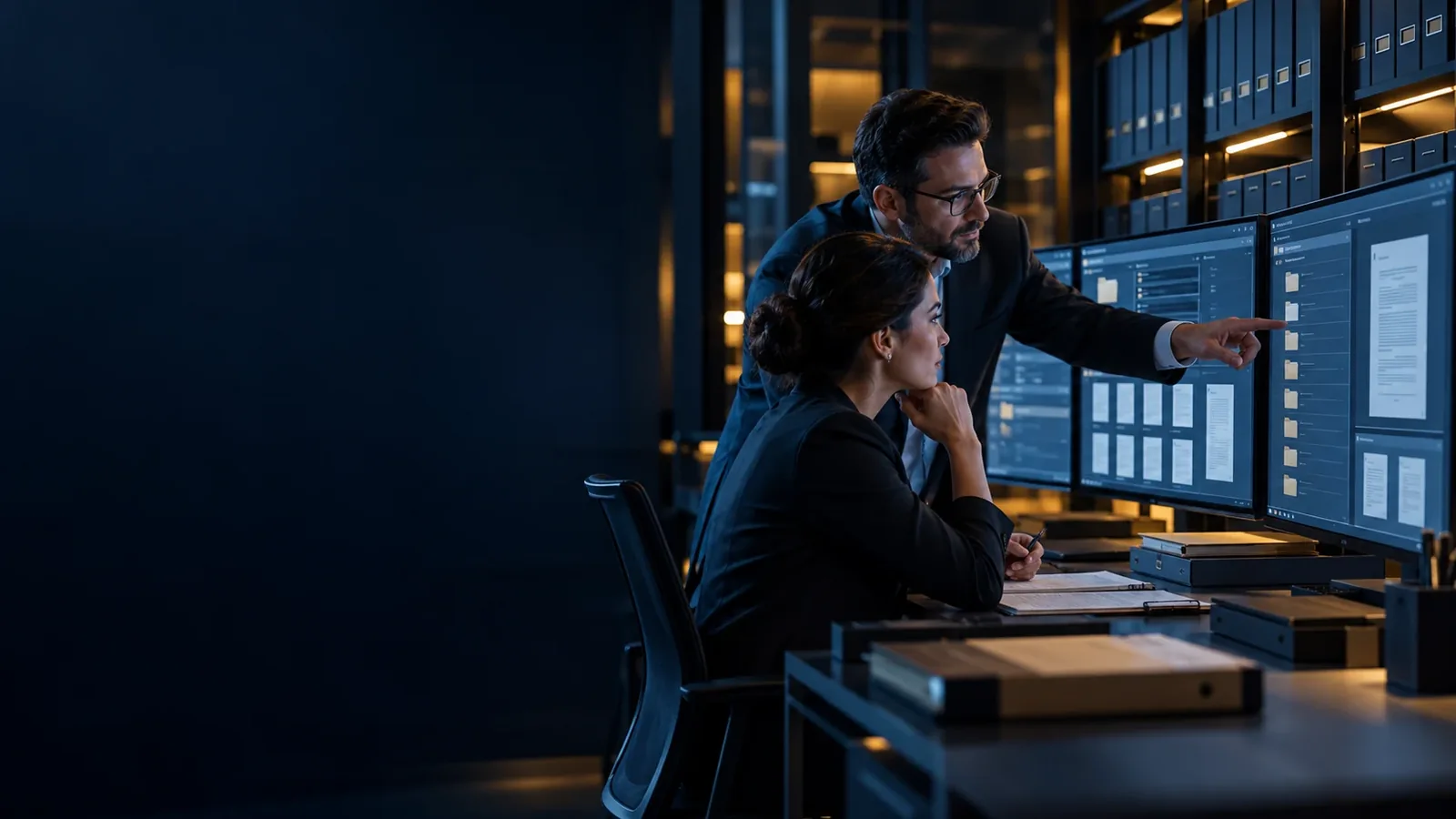 Information specialists reviewing controlled documents in an enterprise repository.