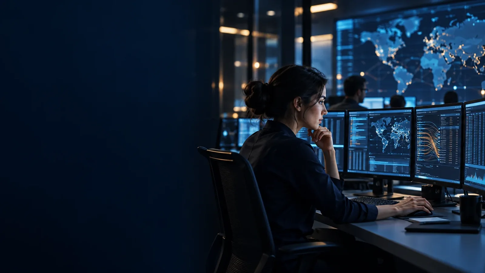 Security operations analyst reviewing threat and network activity monitors.