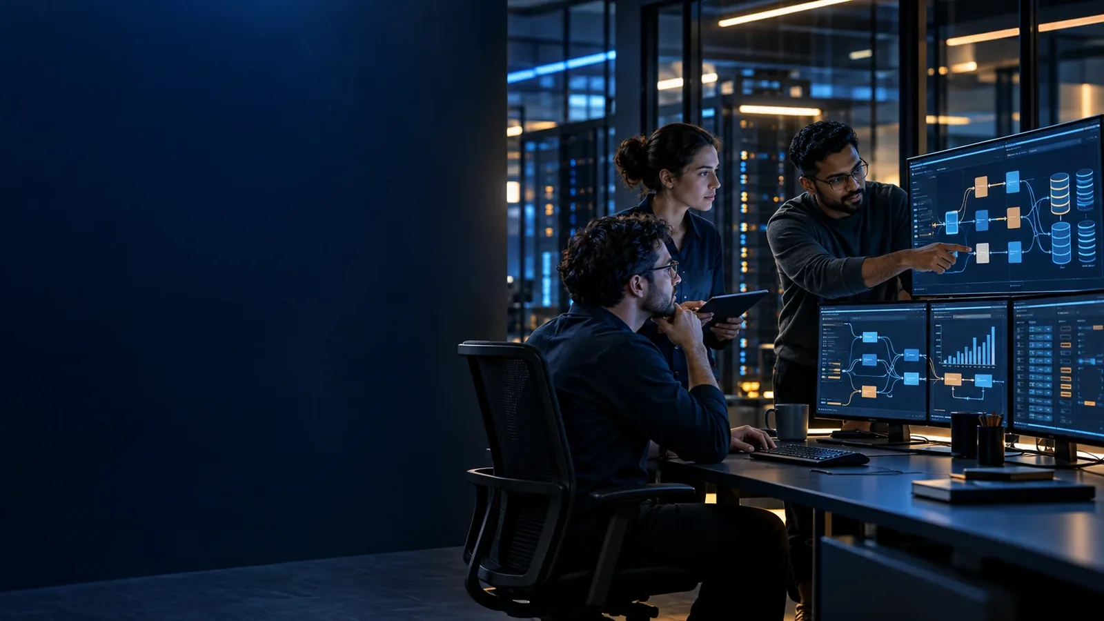 Data engineers reviewing enterprise pipelines and storage workloads.