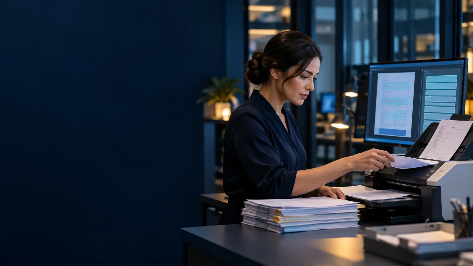 Document specialist scanning business forms for digital capture and extraction.