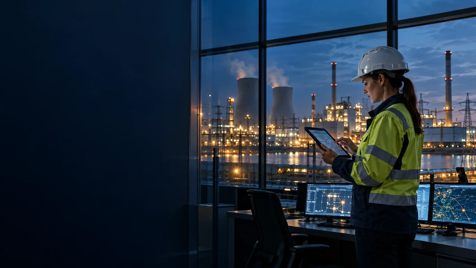 Energy engineer reviewing operational information in an industrial control environment.
