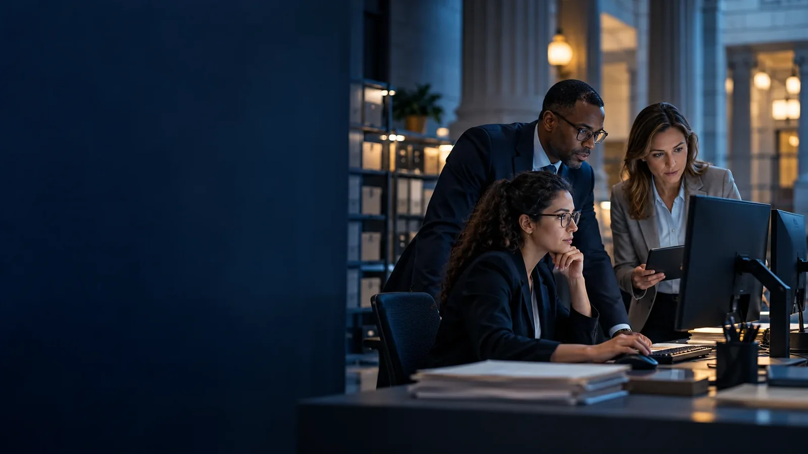 Public sector specialists reviewing an electronic records and service workflow.