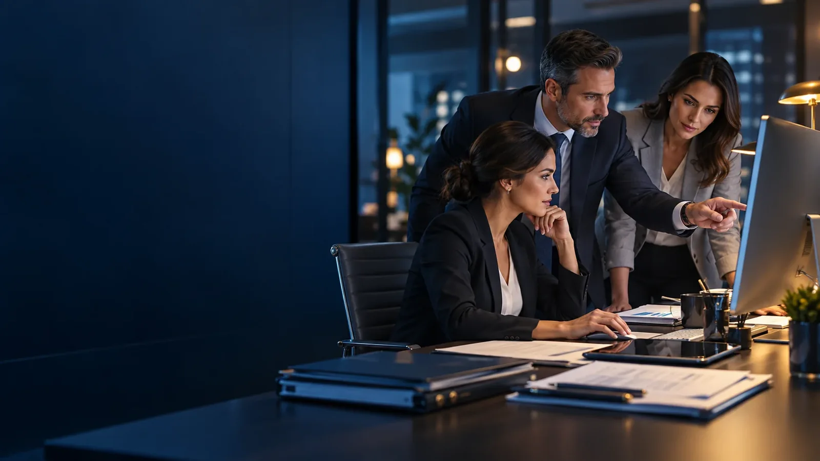 Insurance specialists reviewing a policy and claims document workflow.