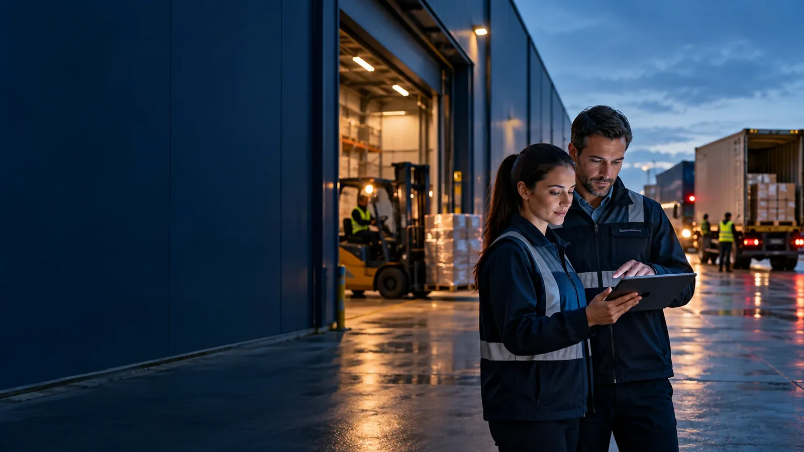 Logistics specialists coordinating dispatch in a modern warehouse environment.