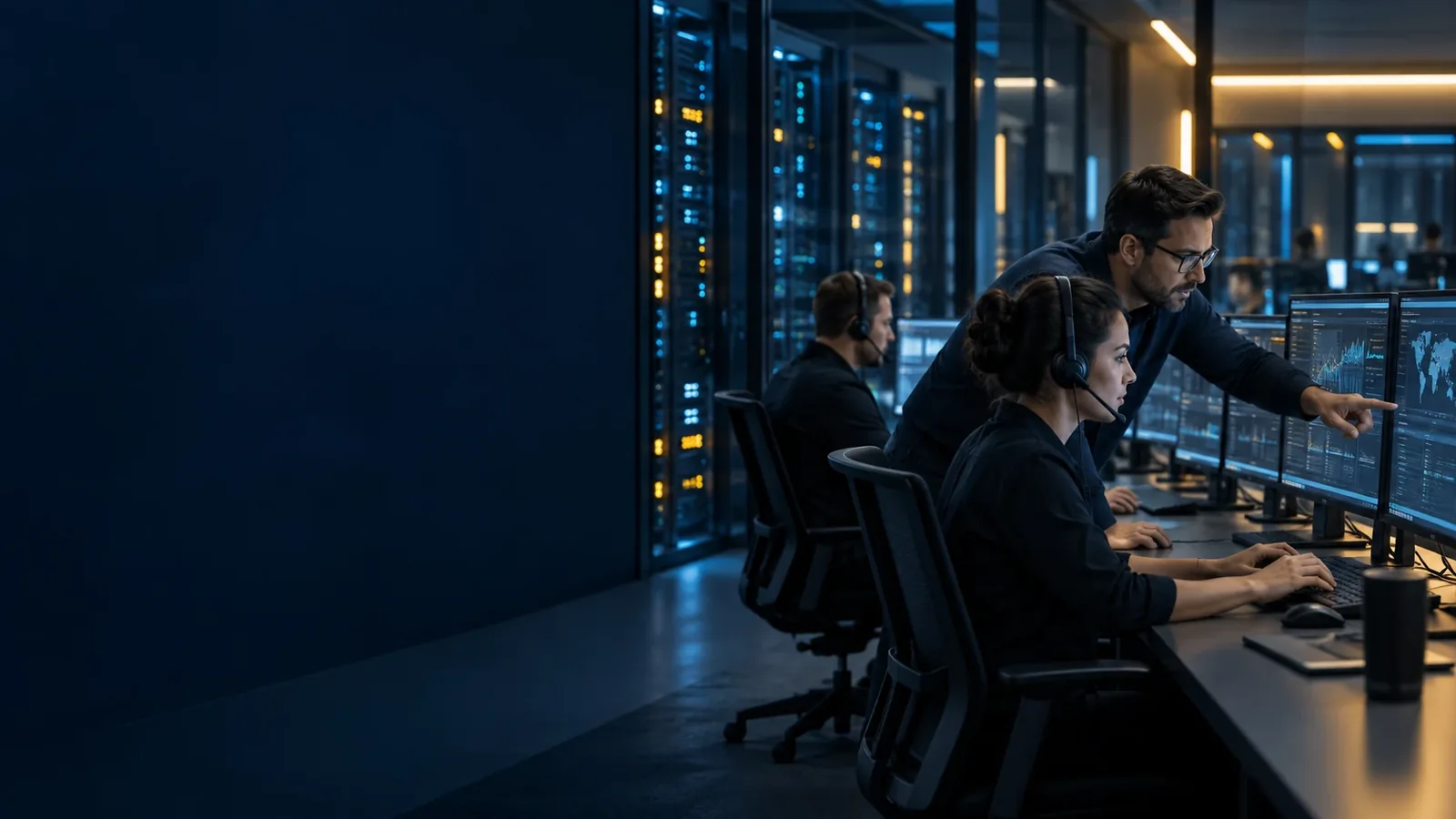 IT operations specialists reviewing infrastructure health in a network operations center.