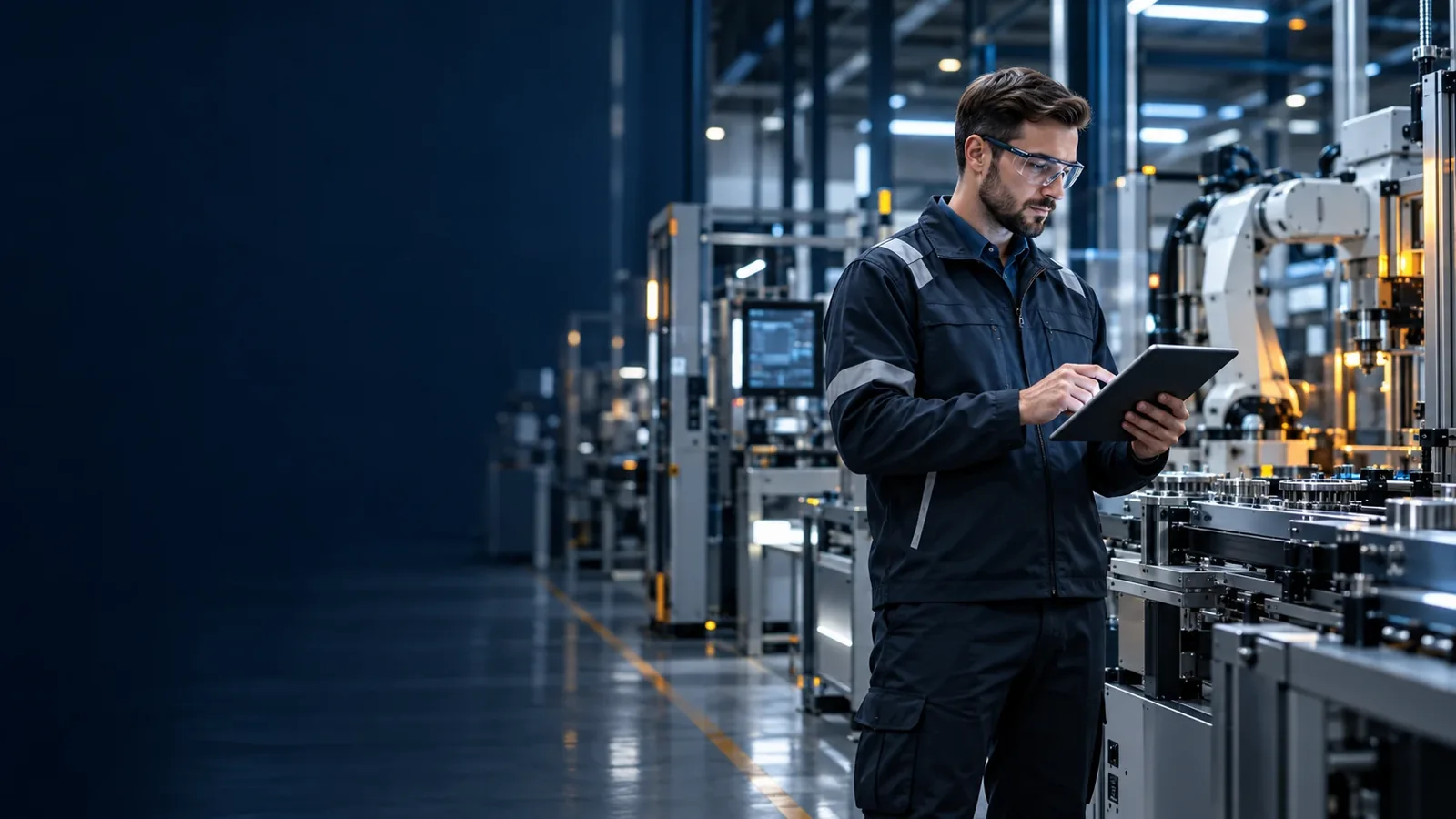 Manufacturing engineer using a tablet on a modern precision factory floor.
