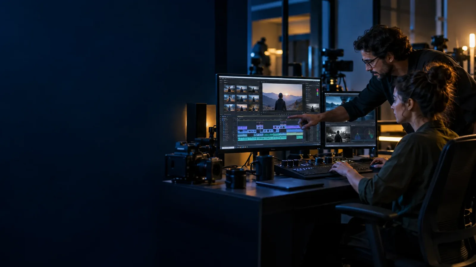 Digital production professionals reviewing media assets and a video editing timeline.