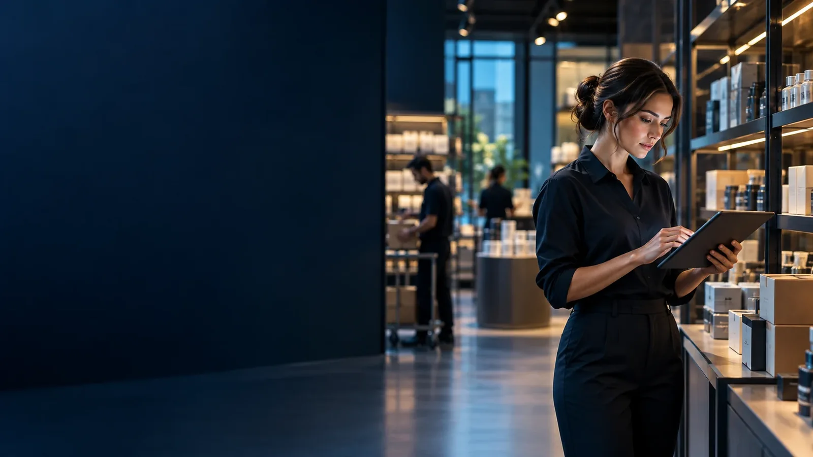 Retail operations specialist using a tablet to review inventory and stock movement.