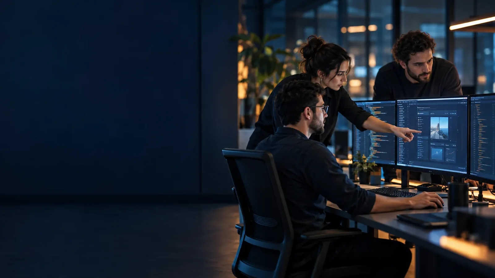 Software engineers reviewing an enterprise application at their workstations.