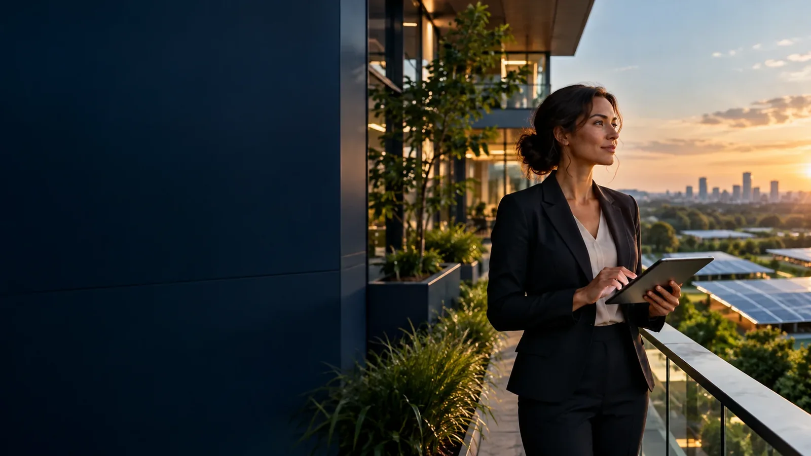 Technology sustainability specialist overlooking solar panels and green office architecture.