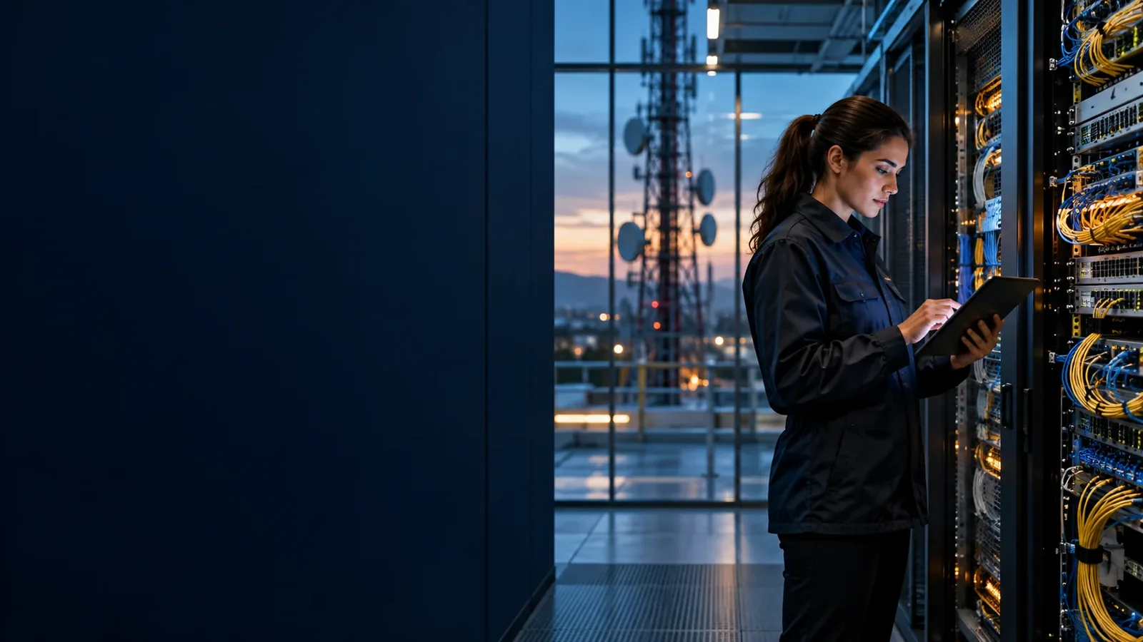 Telecommunications engineer reviewing equipment beside fiber network cabinets.