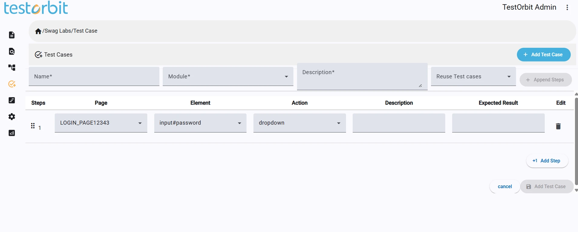 TestOrbit no-code test builder with Page, Element, Action, Description and Expected Result fields.